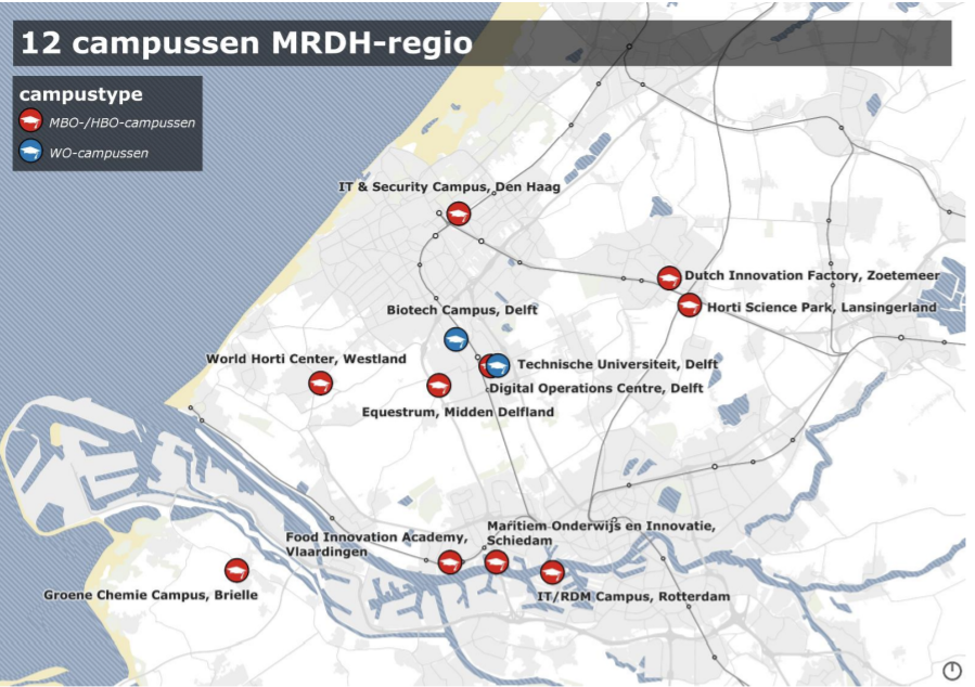 Metropoolregio Rotterdam-Den Haag met de onderzochte campussen